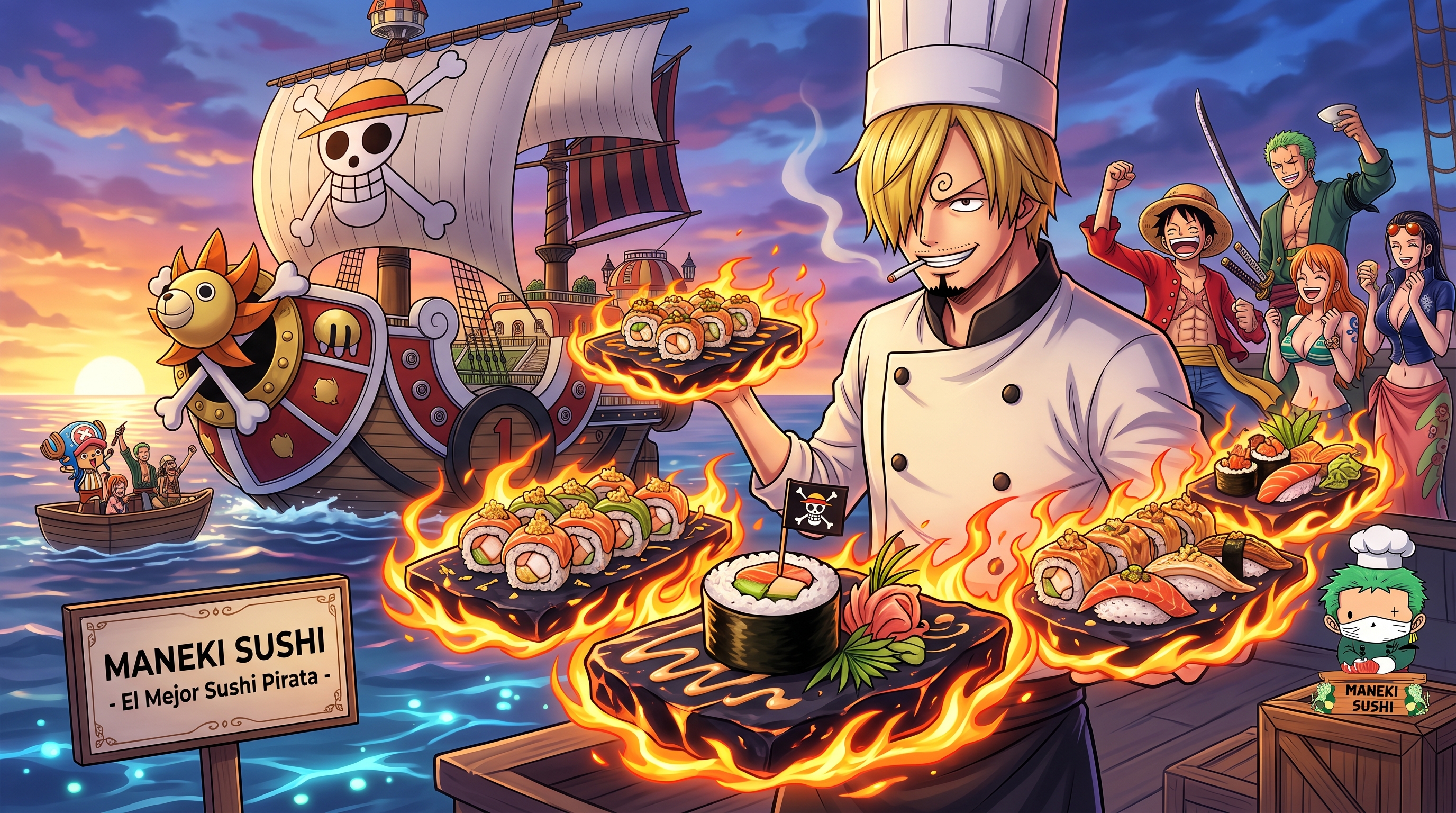 Sanji preparando platillos flambeados con el barco al fondo